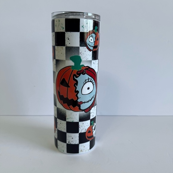 Halloween Jack & Sally Checkered 20oz Skinny Tumbler - Picture 4 of 4